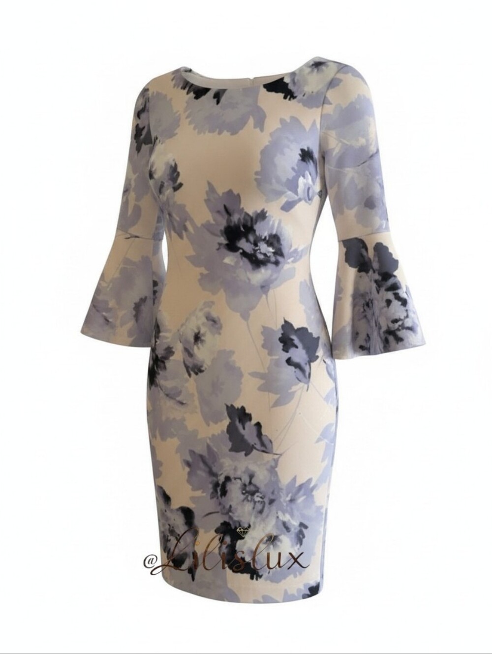 Calvin Klein Size 10 Pink Dress With Purple Florals And Bell Sleeves EUC Chic